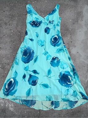 y2k blue floral midi dress flowy slip